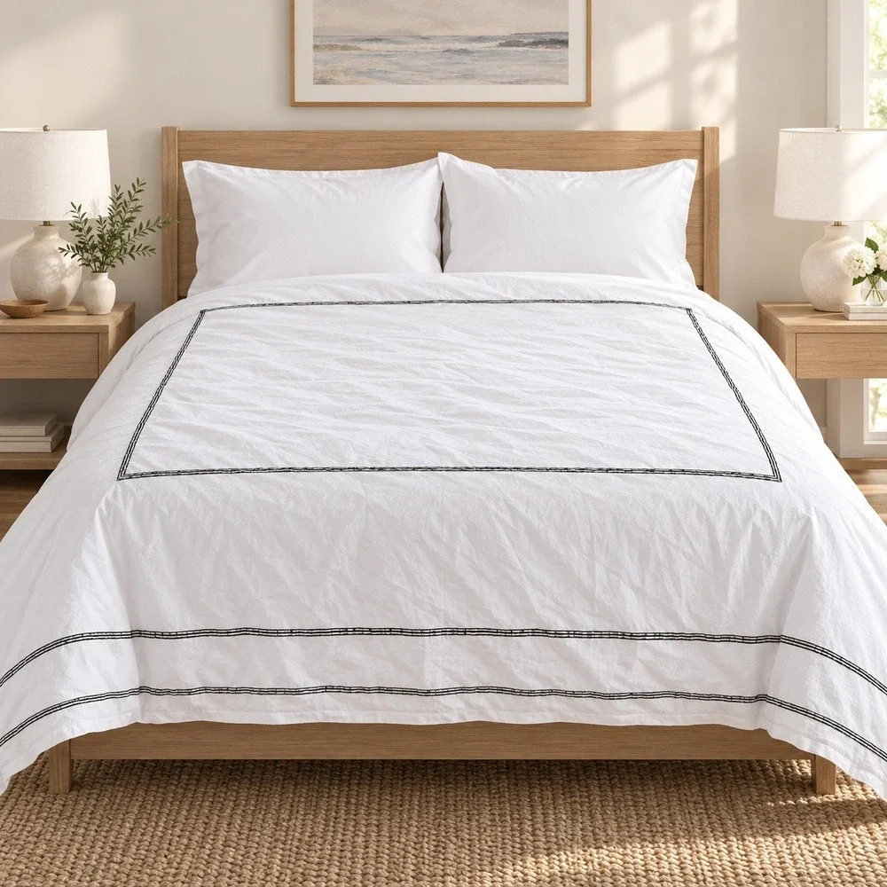 Hotel Collection Duvet Cover Queen White Black Ribbon Trim 100% Cotton Modern